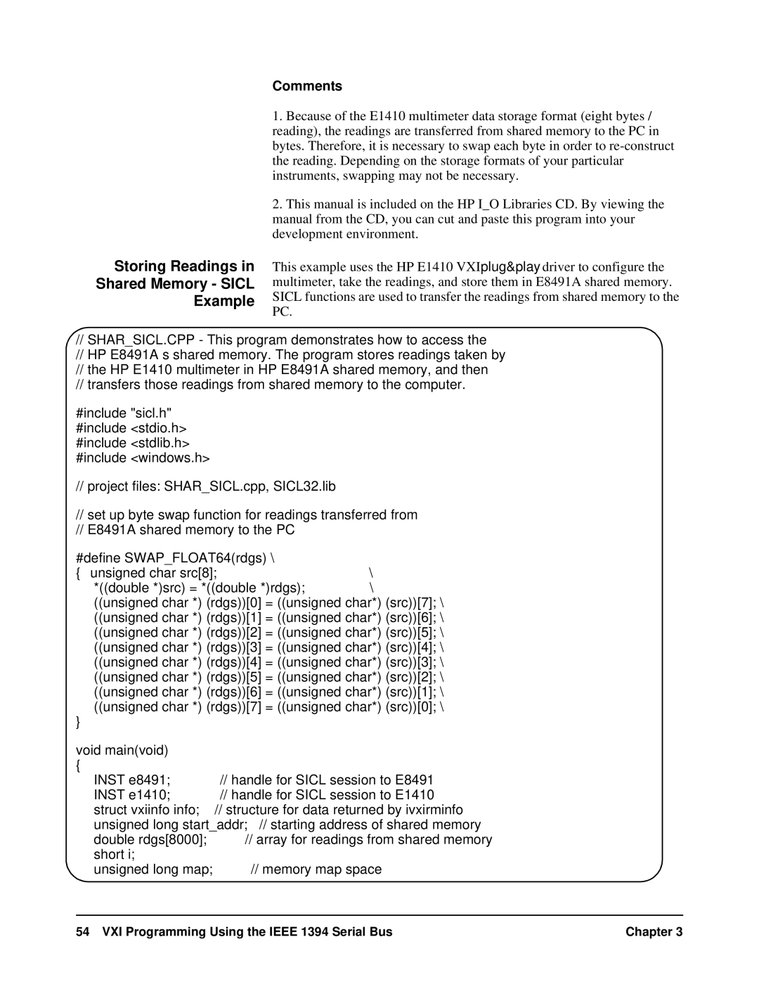 HP E8491A manual Storing Readings Shared Memory Sicl Example 