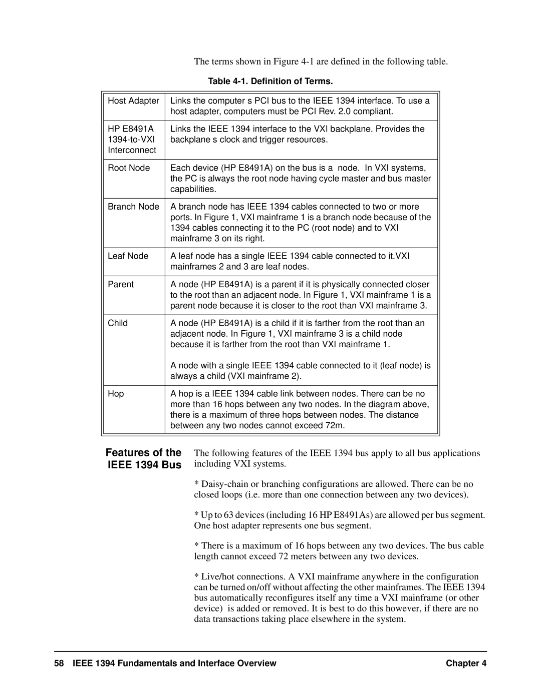 HP E8491A manual Features of the Ieee 1394 Bus, Terms shown in -1 are defined in the following table 