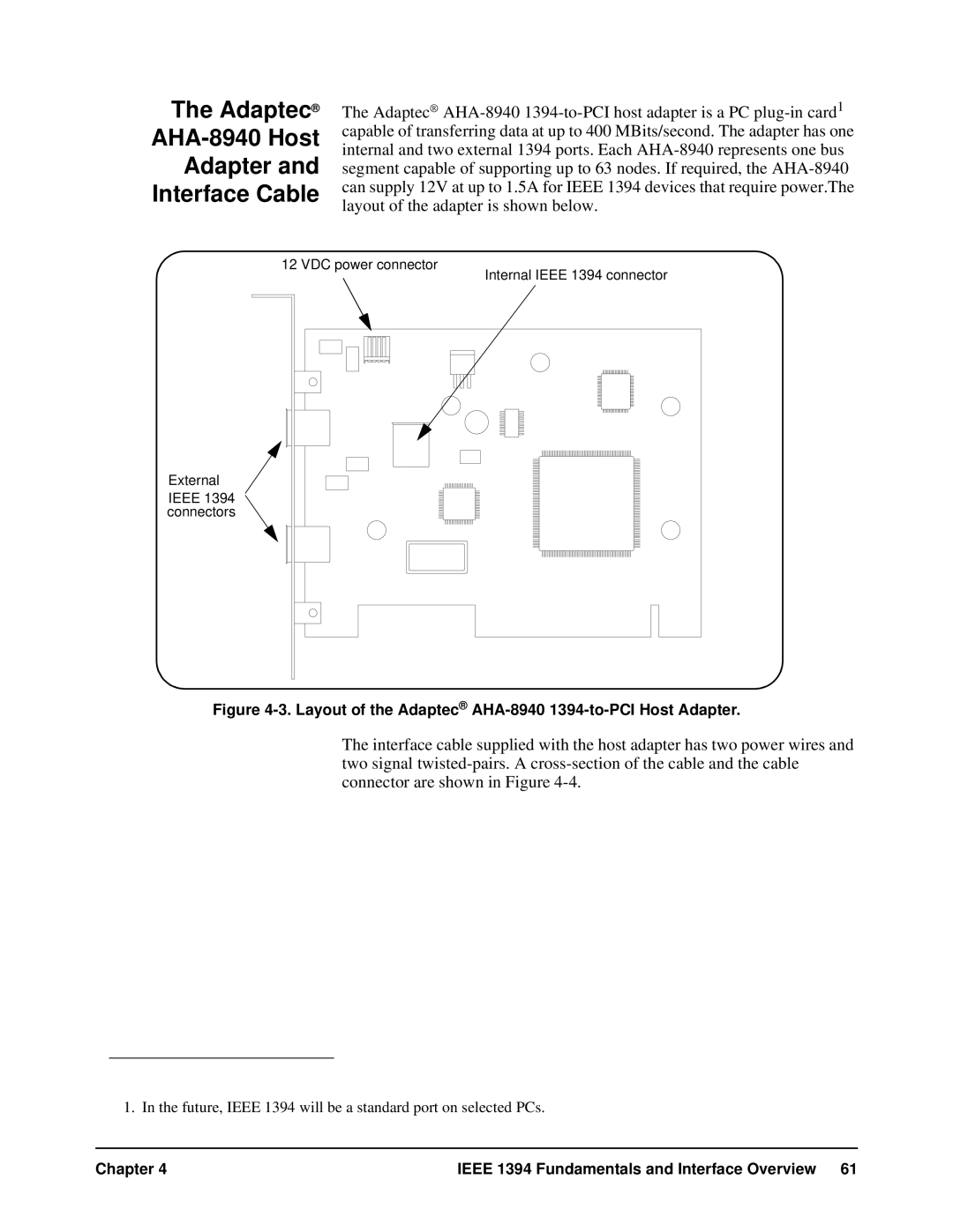 HP E8491A manual Adaptec AHA-8940 Host Adapter Interface Cable, Layout of the Adaptec AHA-8940 1394-to-PCI Host Adapter 