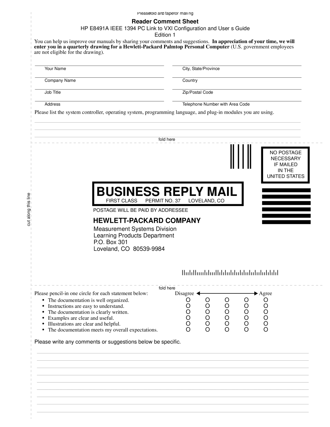 HP E8491A manual Business Reply Mail 