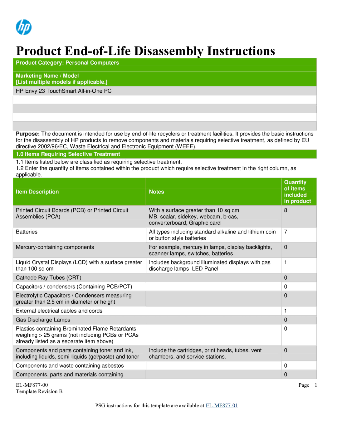 HP EL-MF877-00 manual Product End-of-Life Disassembly Instructions 