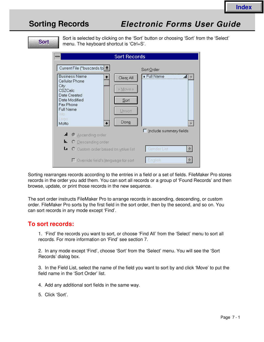 HP manual Sorting Records Electronic Forms User Guide, To sort records 