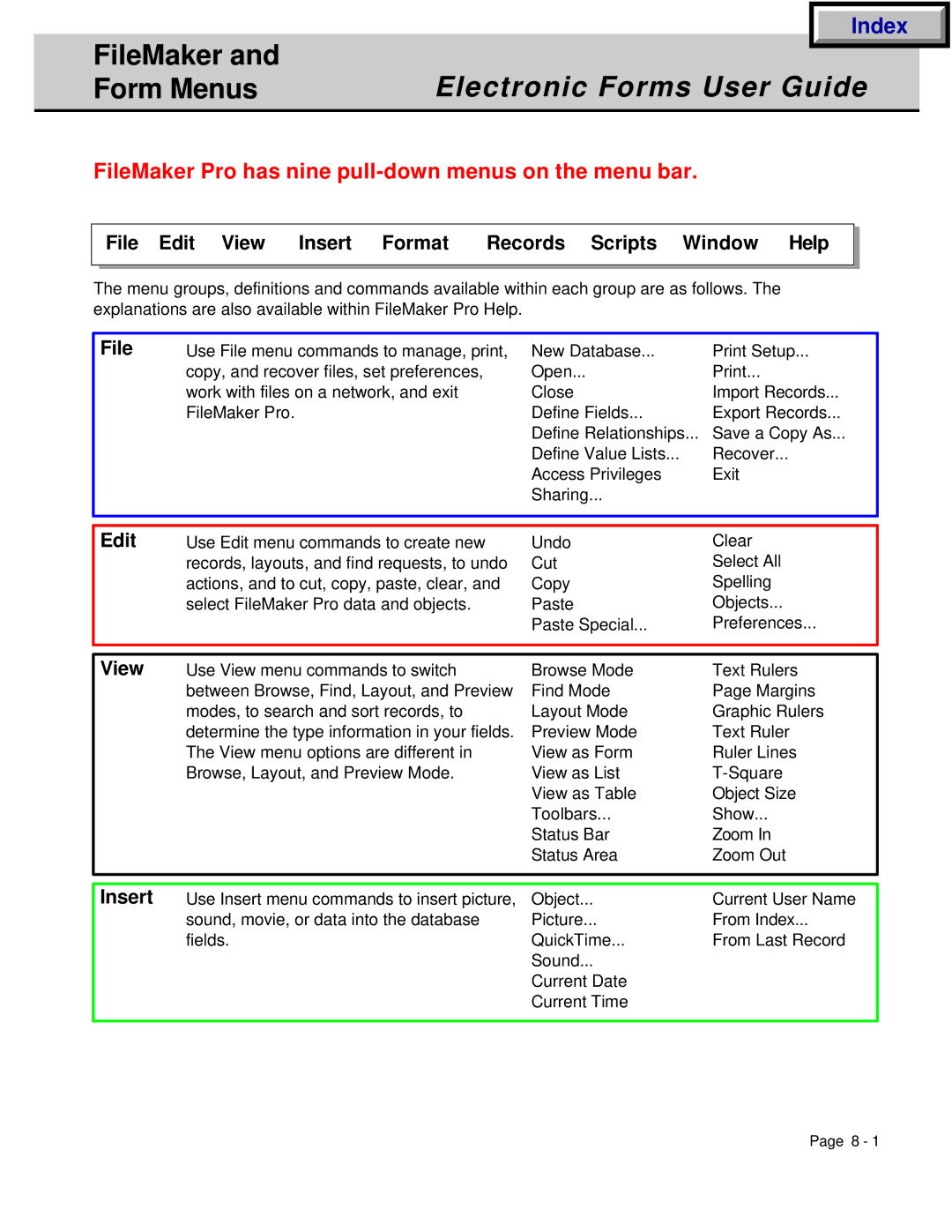 HP Electronic Forms manual Form Menus, FileMaker Pro has nine pull-down menus on the menu bar 