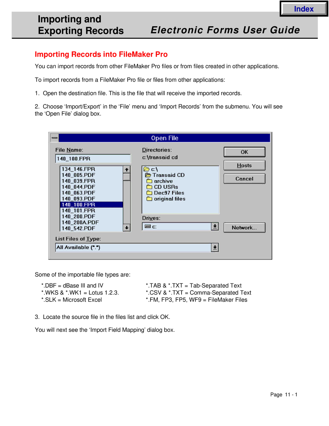 HP Electronic Forms manual Exporting Records, Importing Records into FileMaker Pro 