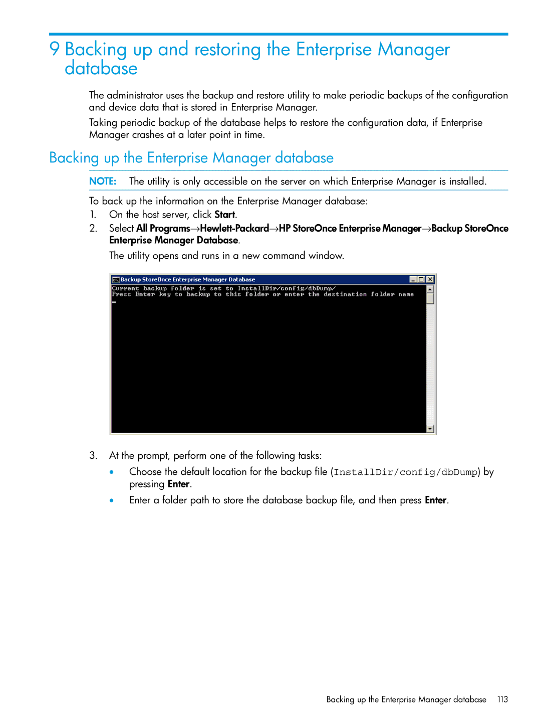 HP EMA/ESA/MA Replication Software manual Backing up and restoring the Enterprise Manager database 