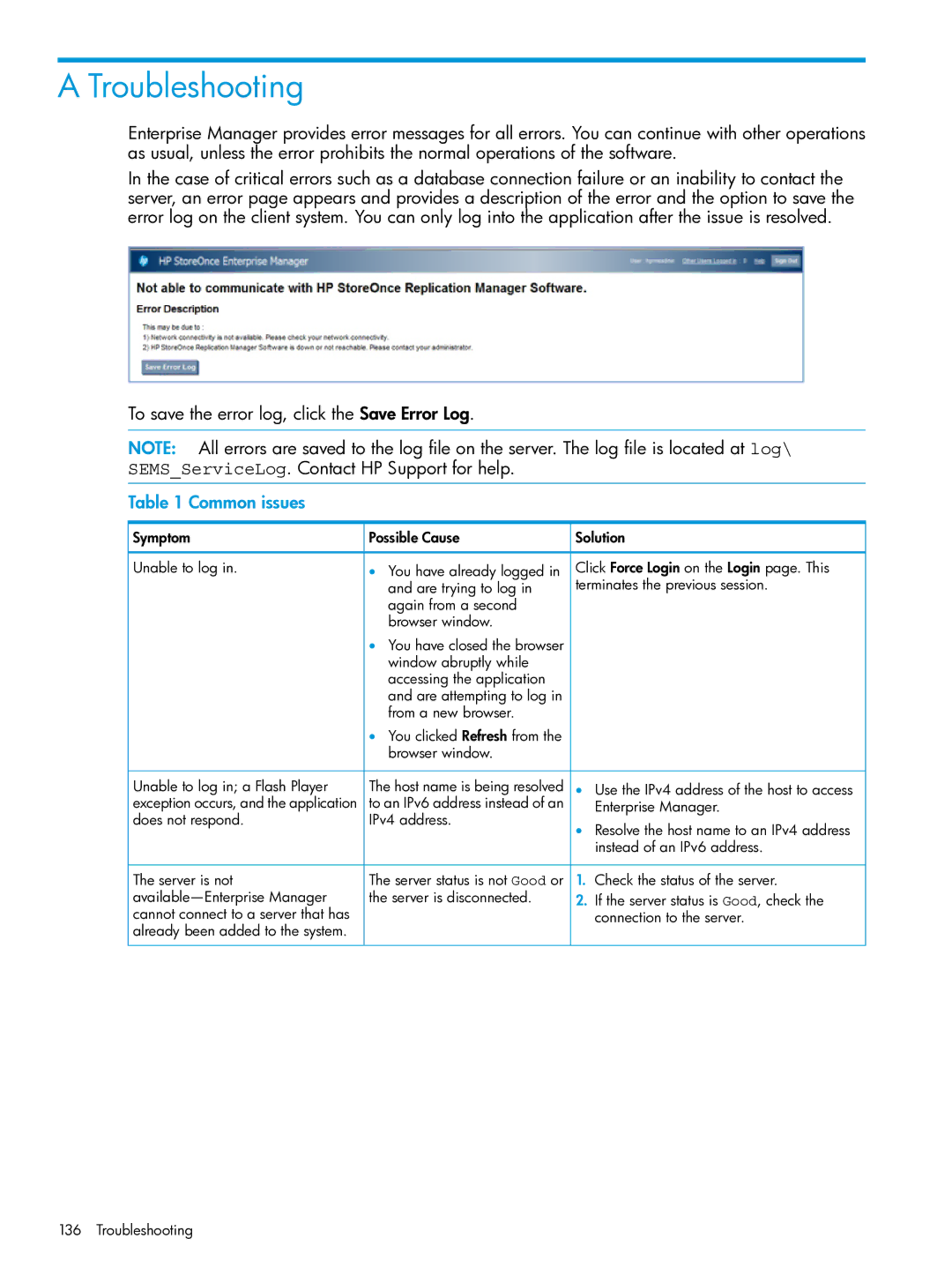 HP EMA/ESA/MA Replication Software manual Troubleshooting, Common issues 