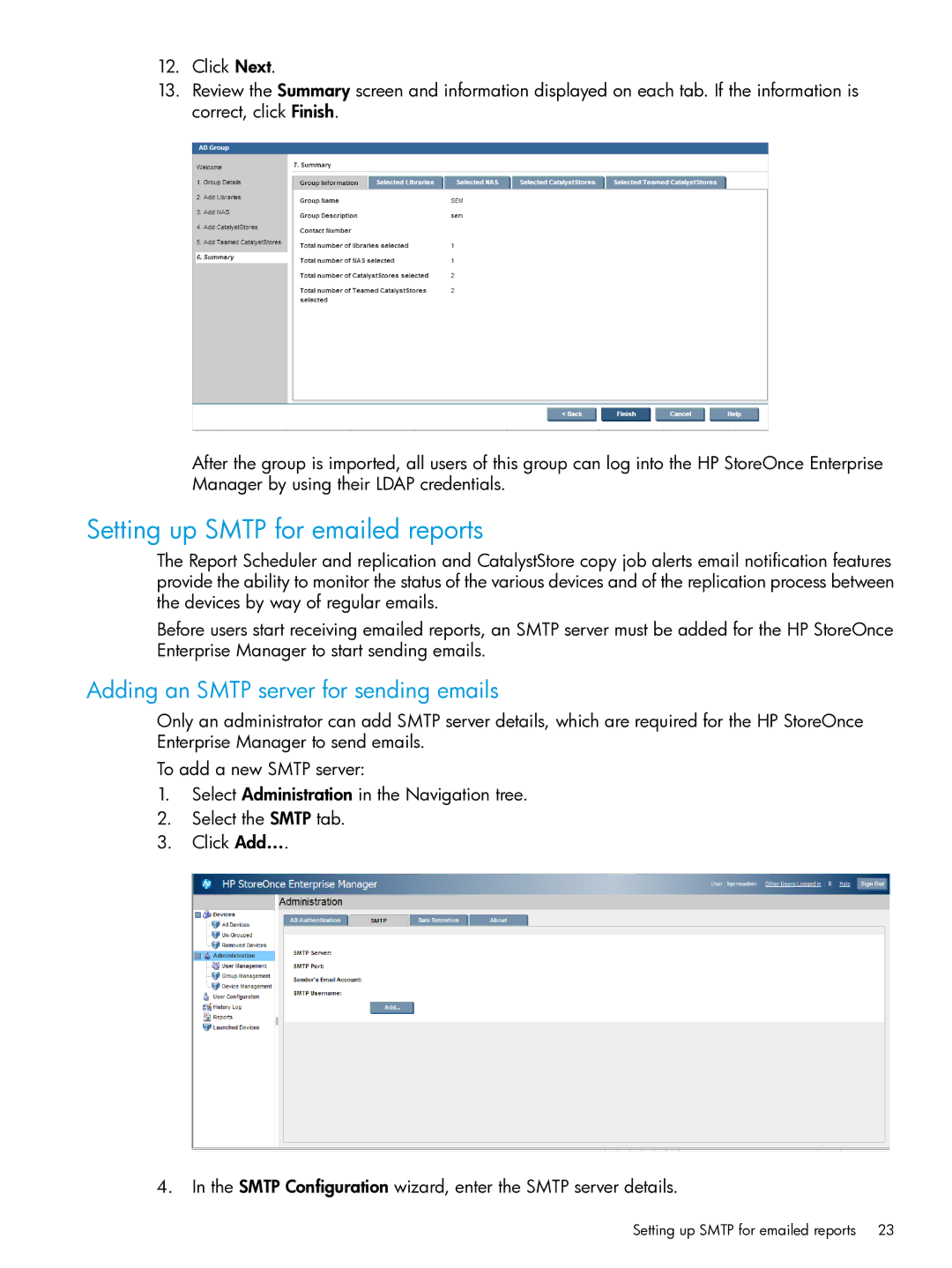 HP EMA/ESA/MA Replication Software manual Setting up Smtp for emailed reports, Adding an Smtp server for sending emails 