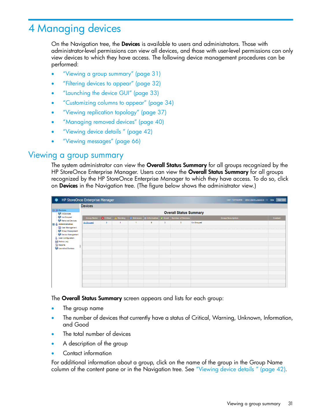 HP EMA/ESA/MA Replication Software manual Managing devices, Viewing a group summary 