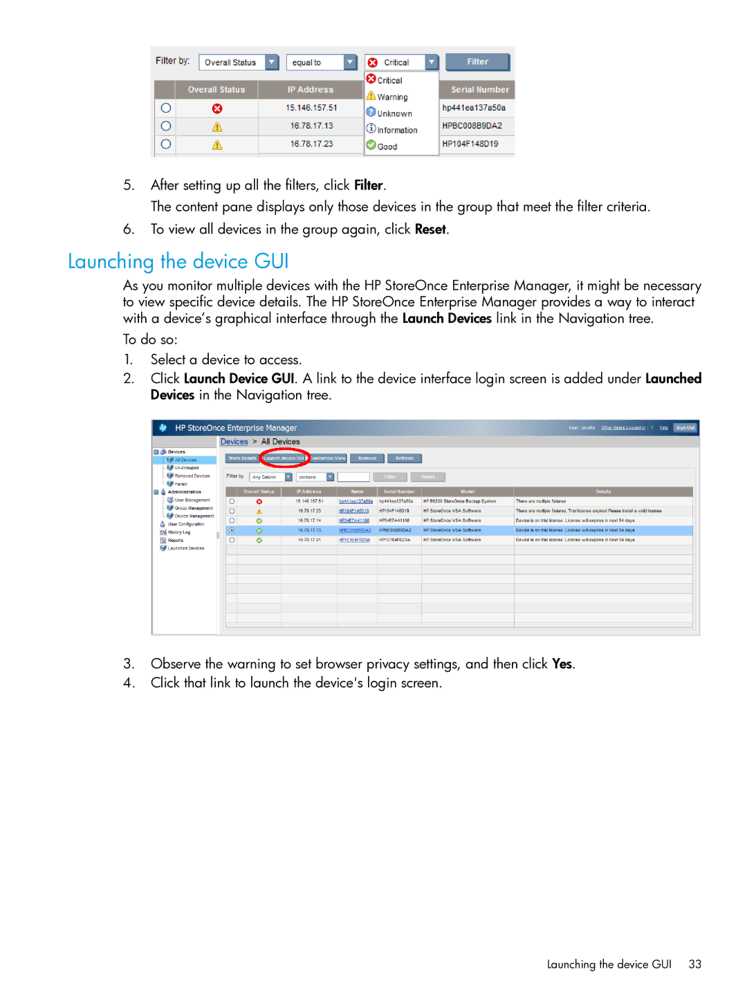 HP EMA/ESA/MA Replication Software manual Launching the device GUI 