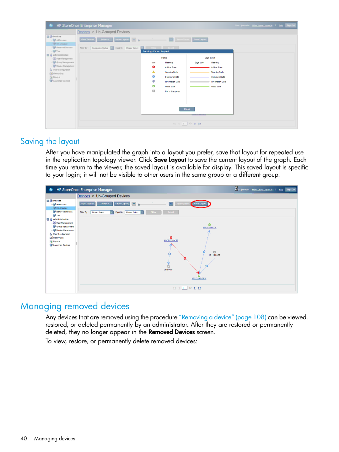 HP EMA/ESA/MA Replication Software manual Managing removed devices, Saving the layout 