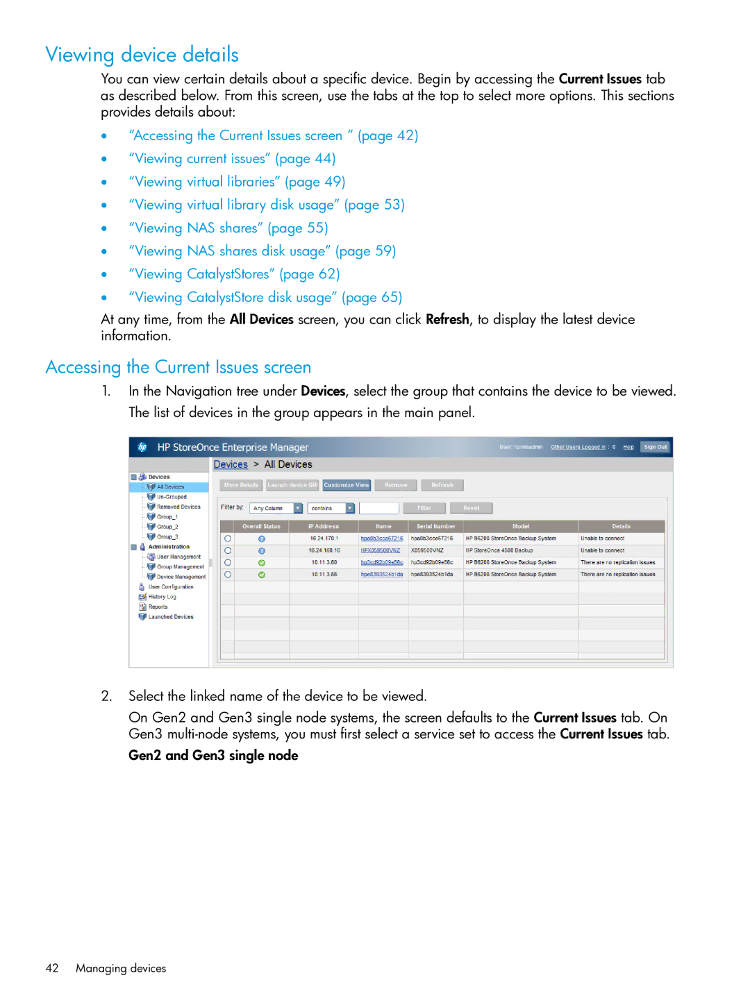 HP EMA/ESA/MA Replication Software manual Viewing device details, Accessing the Current Issues screen 