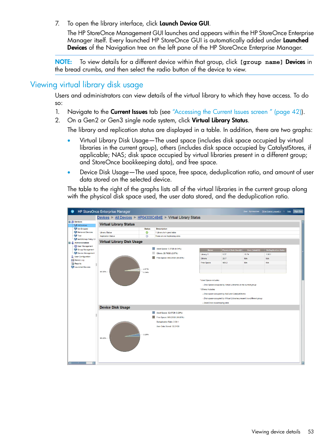 HP EMA/ESA/MA Replication Software manual Viewing virtual library disk usage 