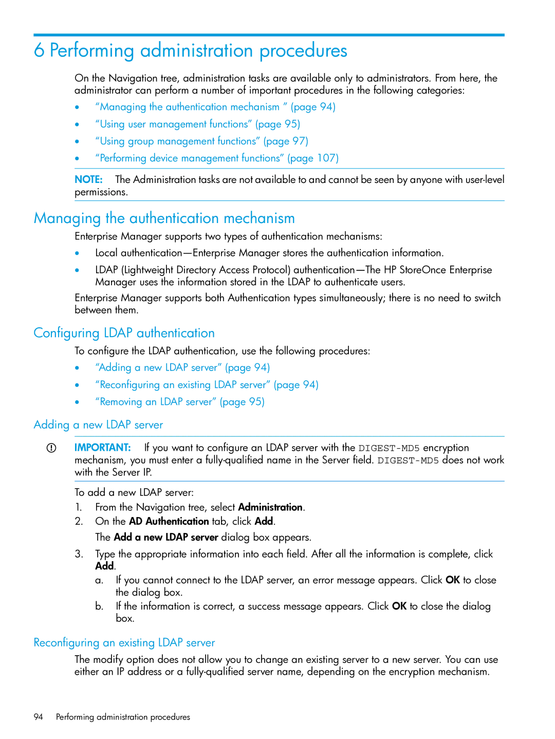 HP EMA/ESA/MA Replication Software manual Performing administration procedures, Managing the authentication mechanism 