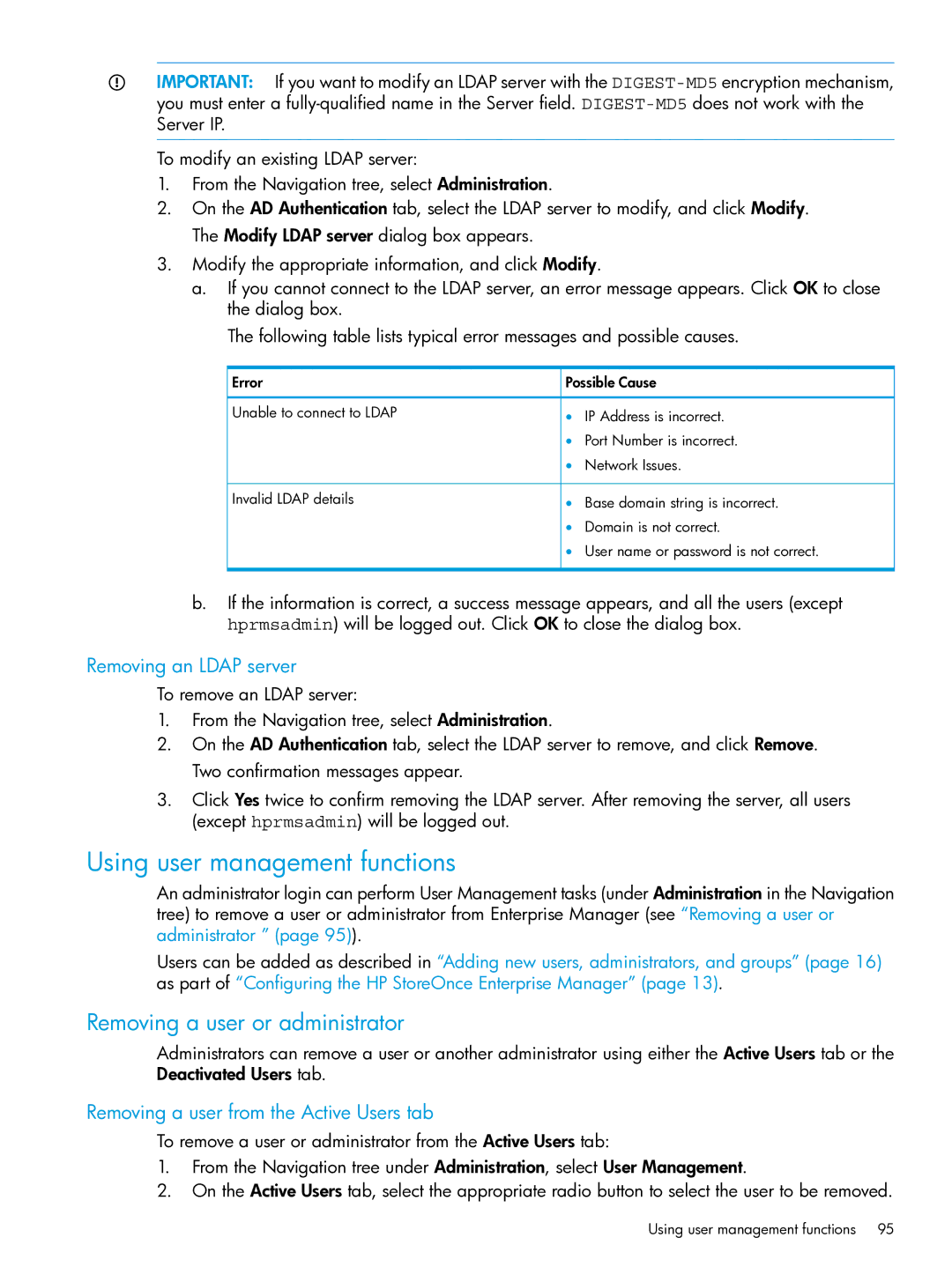 HP EMA/ESA/MA Replication Software manual Using user management functions, Removing a user or administrator 