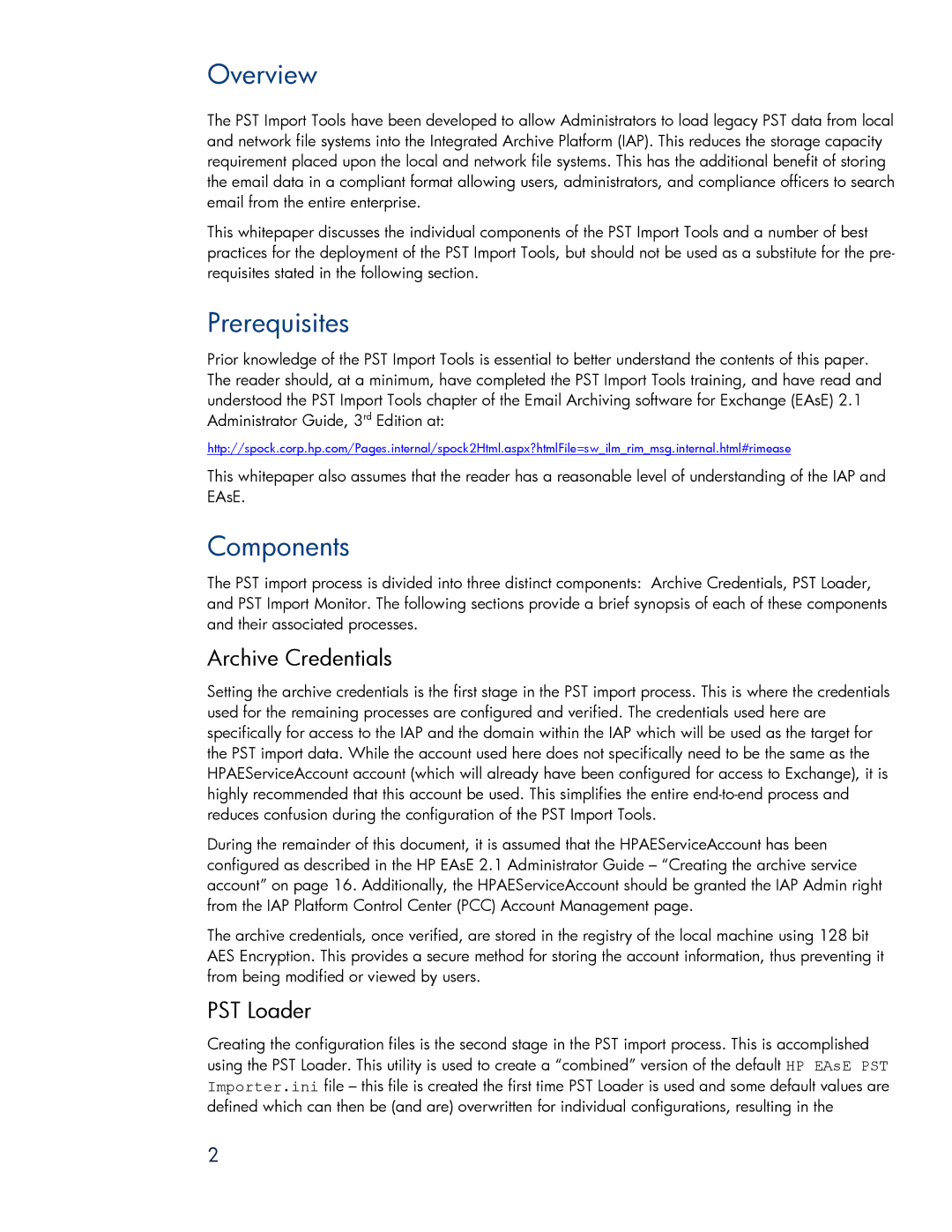 HP Email Archiving Software for Exchange manual Overview, Prerequisites, Components, Archive Credentials, PST Loader 