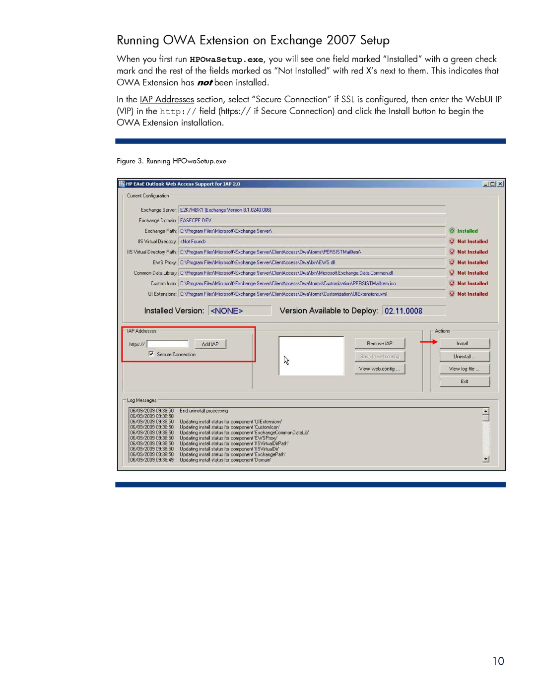 HP Email Archiving Software for Exchange manual Running OWA Extension on Exchange 2007 Setup, Running HPOwaSetup.exe 