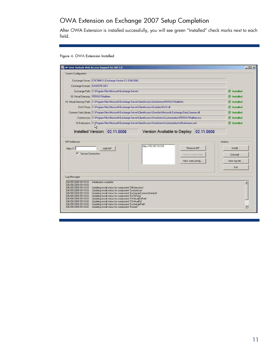 HP Email Archiving Software for Exchange manual OWA Extension on Exchange 2007 Setup Completion, OWA Extension Installed 