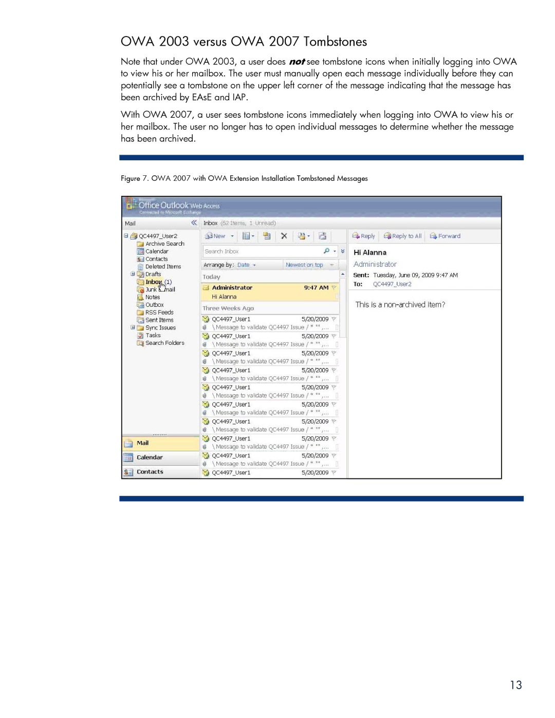 HP Email Archiving Software for Exchange manual OWA 2003 versus OWA 2007 Tombstones 