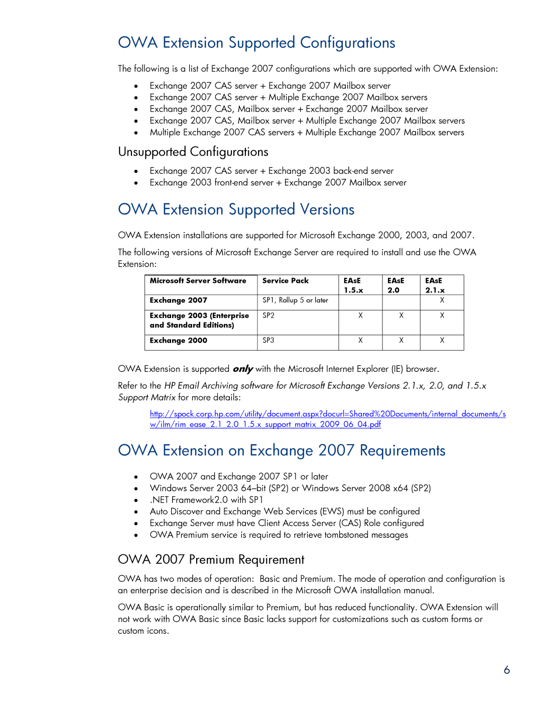 HP Email Archiving Software for Exchange manual OWA Extension Supported Configurations, OWA Extension Supported Versions 