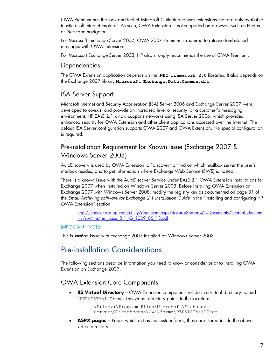 HP Email Archiving Software for Exchange manual Pre-installation Considerations, Dependencies, ISA Server Support 