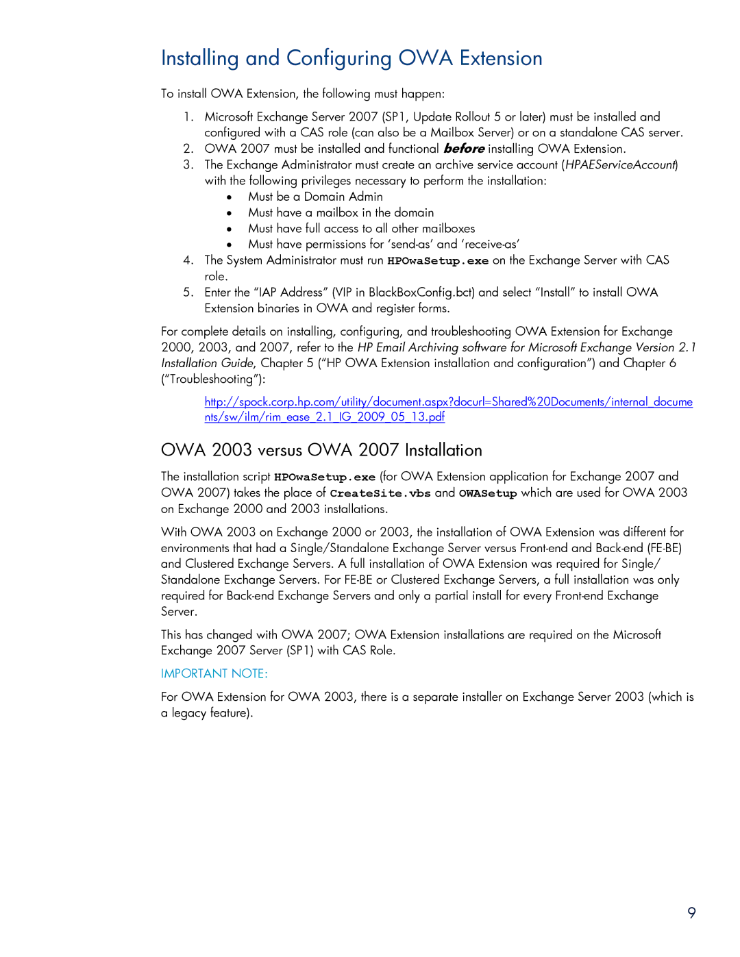 HP Email Archiving Software for Exchange Installing and Configuring OWA Extension, OWA 2003 versus OWA 2007 Installation 