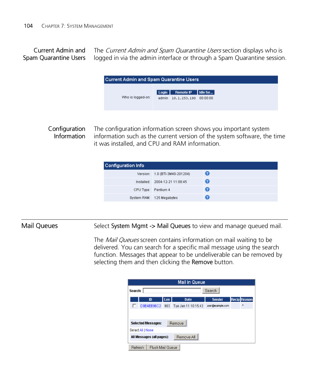 HP Email Firewall Appliance manual Mail Queues, It was installed, and CPU and RAM information 