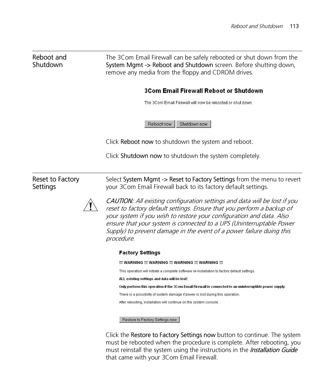 HP Email Firewall Appliance manual Reboot, Shutdown, Reset to Factory, Settings 