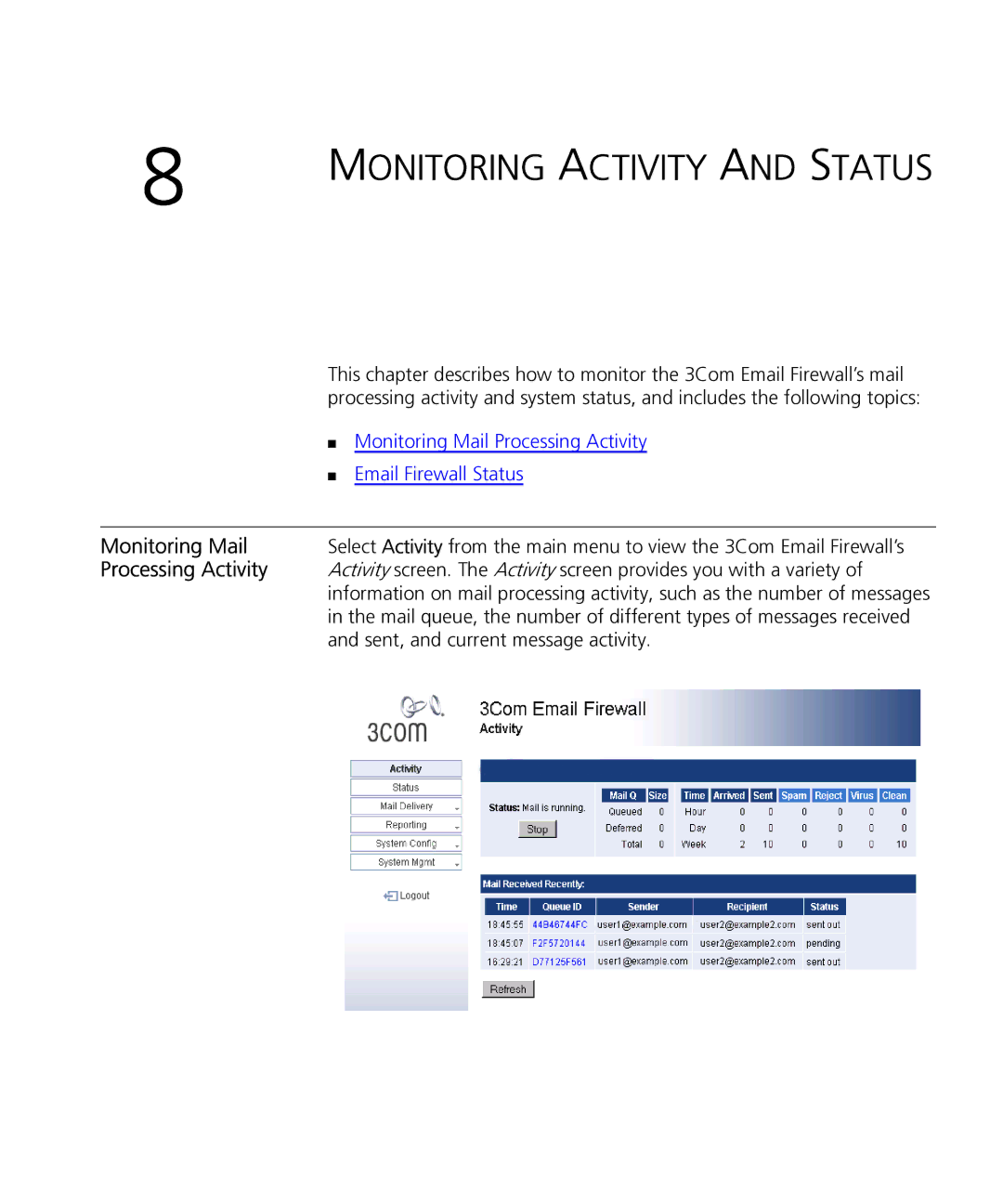 HP Email Firewall Appliance manual Monitoring Mail, Processing Activity, Sent, and current message activity 