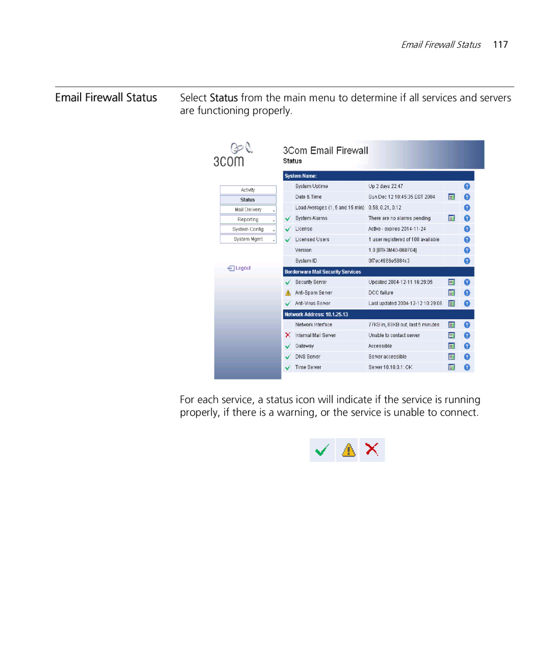 HP Email Firewall Appliance manual Email Firewall Status 