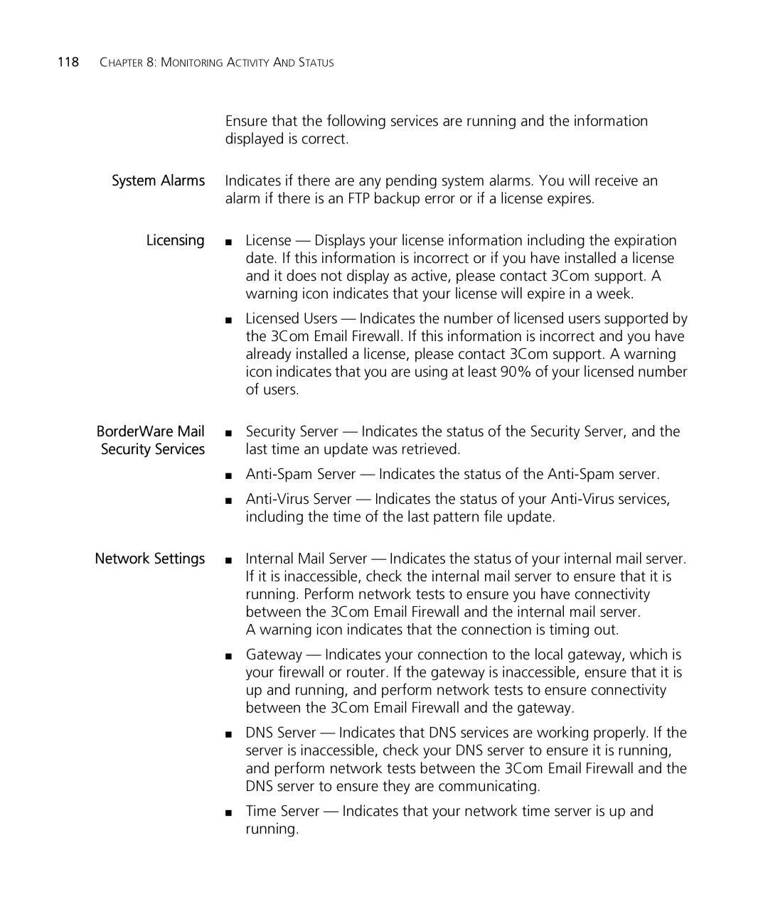 HP Email Firewall Appliance manual System Alarms, Licensing 