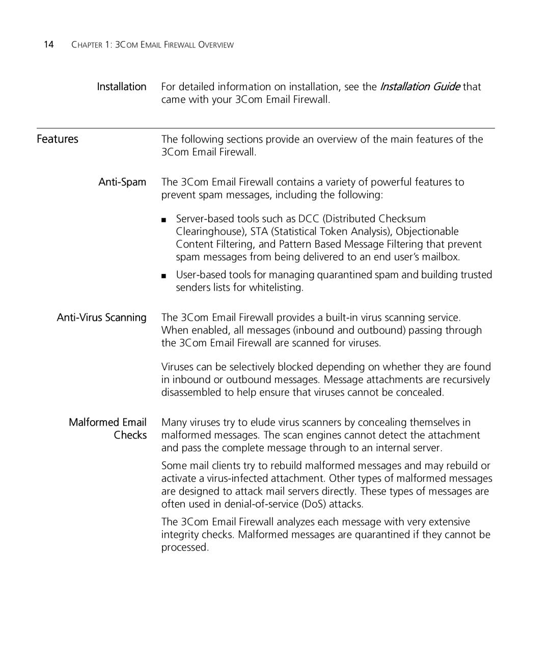 HP Email Firewall Appliance manual Features, 3Com Email Firewall, Pass the complete message through to an internal server 