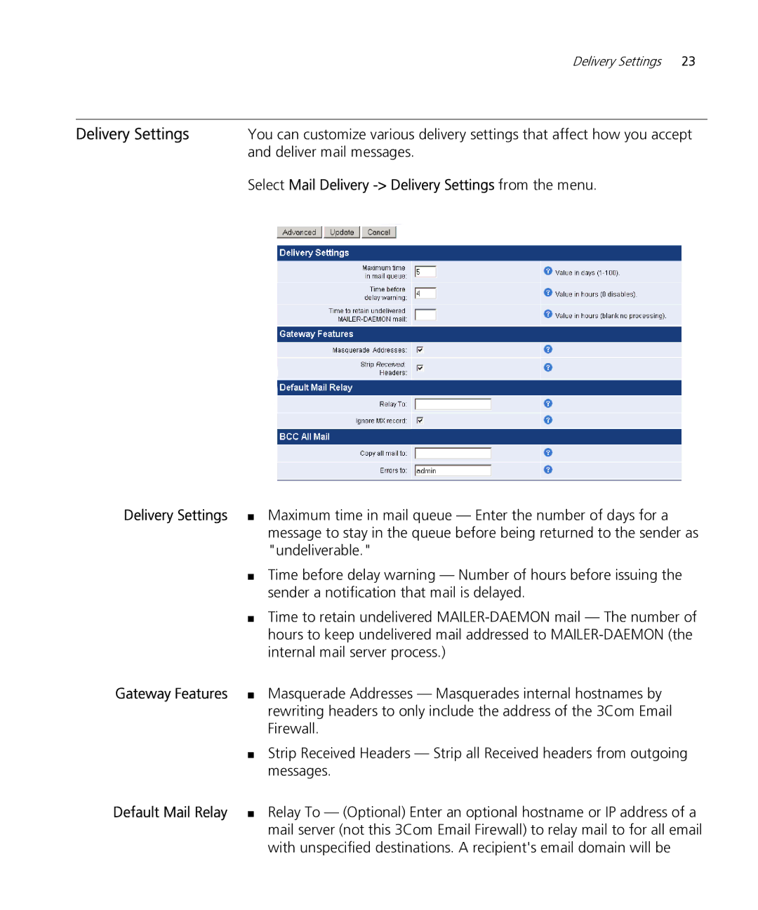 HP Email Firewall Appliance manual Deliver mail messages, Select Mail Delivery Delivery Settings from the menu 