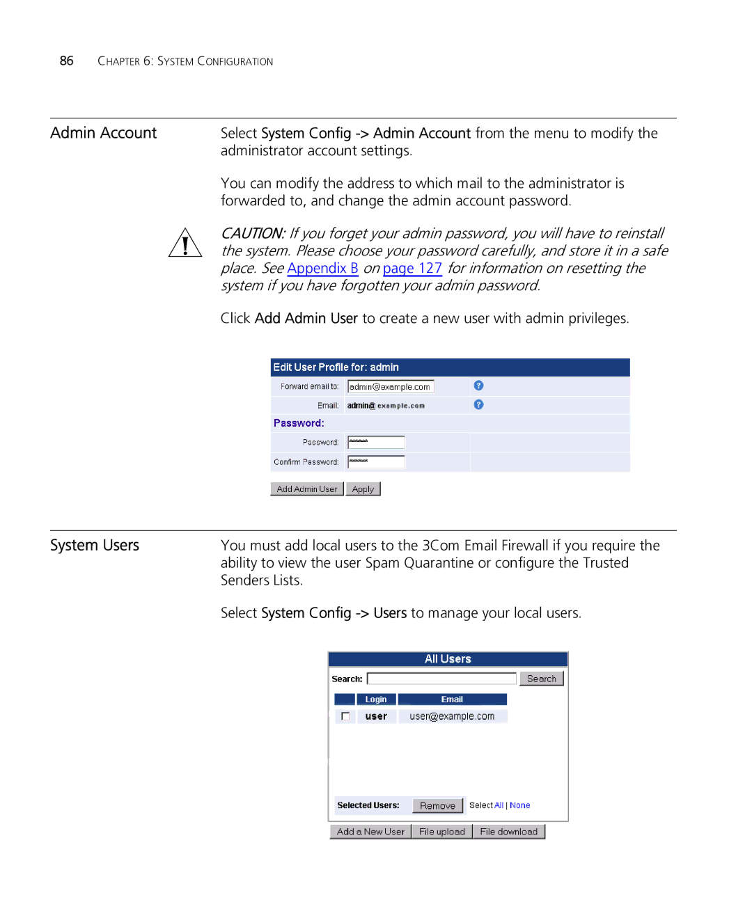 HP Email Firewall Appliance manual Admin Account, System Users, Administrator account settings 