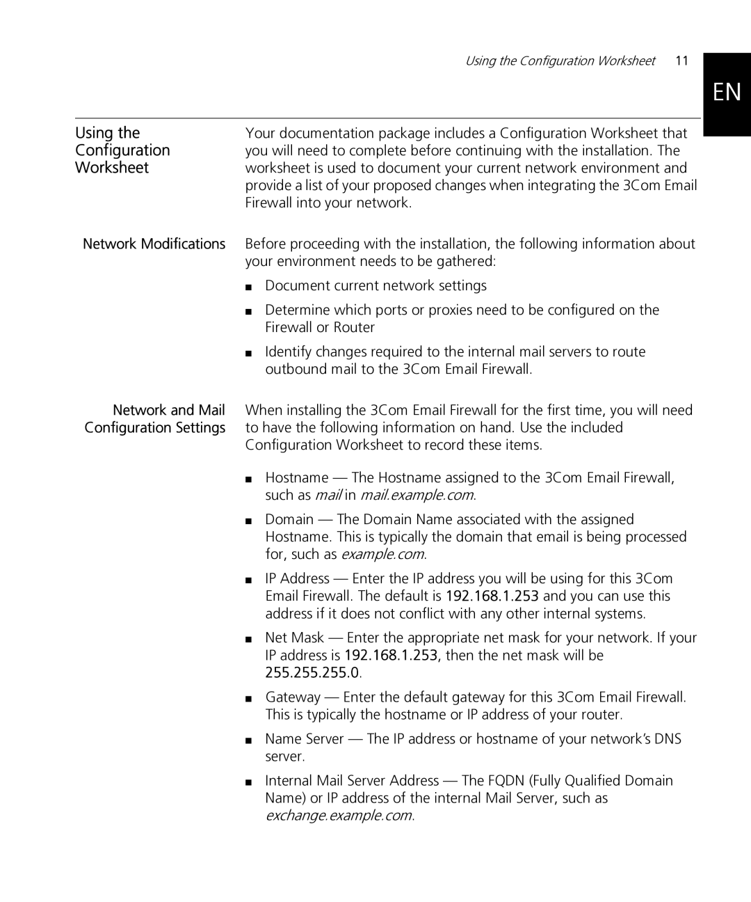 HP Email Firewall Appliance manual Using, Configuration, Worksheet, Network Modifications 