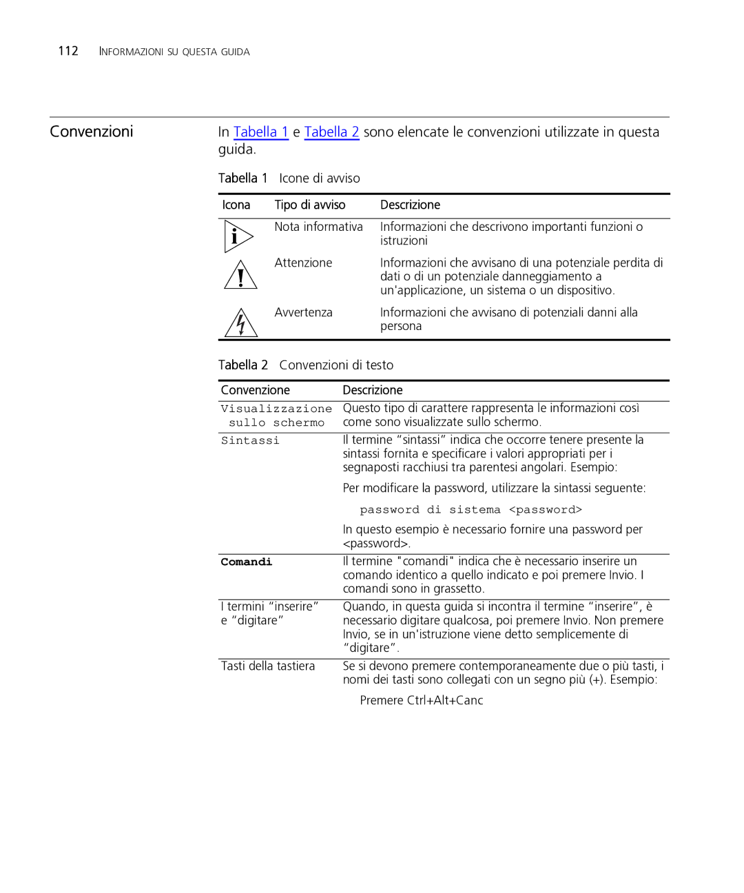 HP Email Firewall Appliance manual Guida, Tabella 1 Icone di avviso, Tabella 2 Convenzioni di testo 