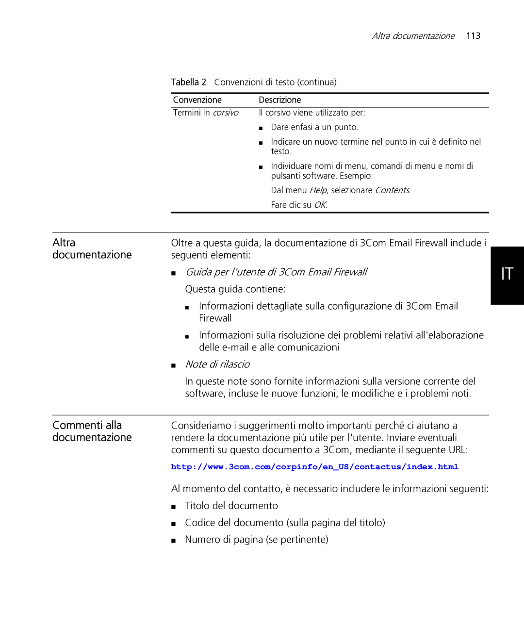 HP Email Firewall Appliance manual Altra, Documentazione, Commenti alla, Seguenti elementi, Questa guida contiene 