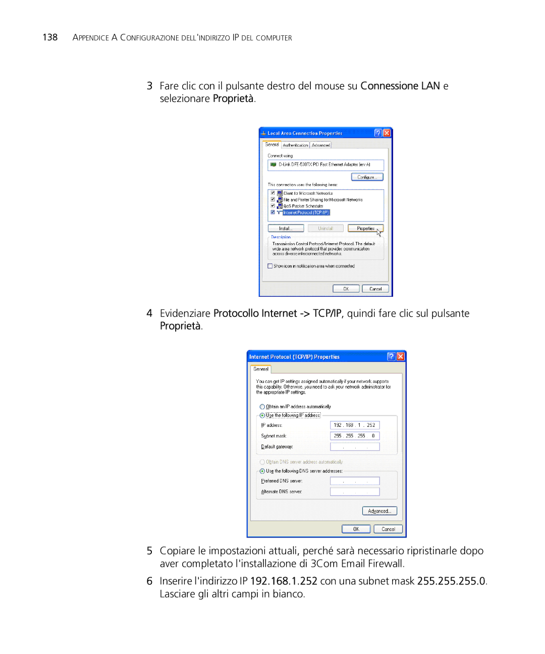 HP Email Firewall Appliance manual Appendice a Configurazione Dellindirizzo IP DEL Computer 