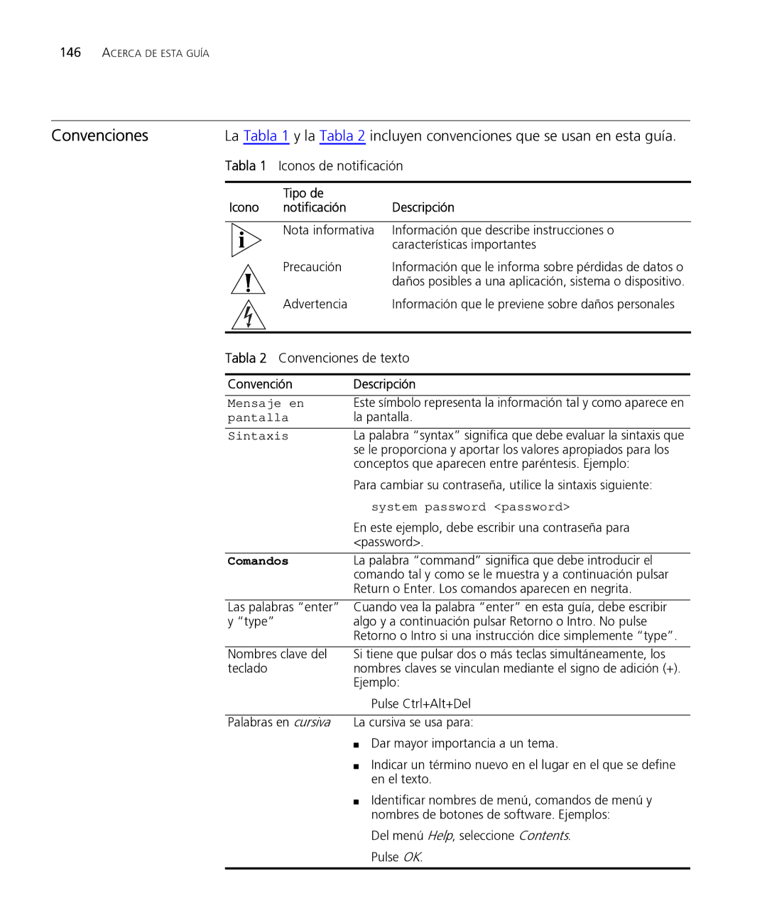 HP Email Firewall Appliance manual Tabla 1 Iconos de notificación, Tabla 2 Convenciones de texto 