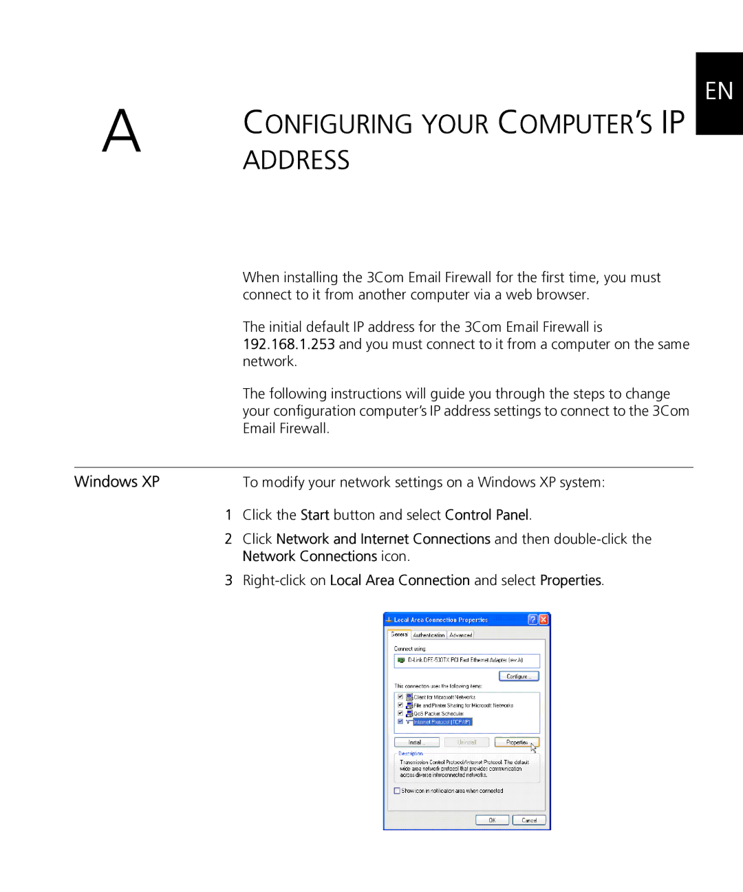 HP Email Firewall Appliance manual Address, Windows XP, Click the Start button and select Control Panel 