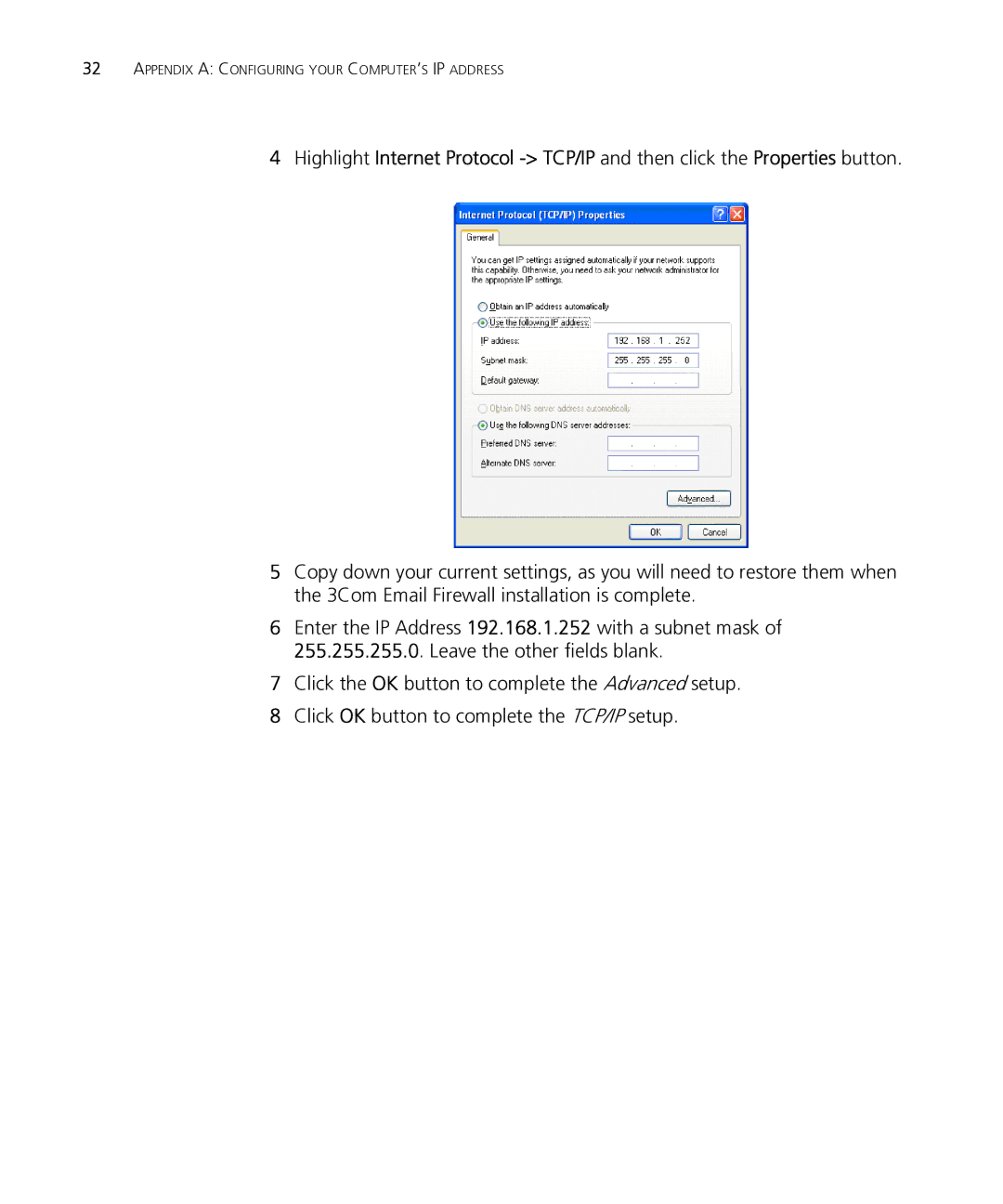 HP Email Firewall Appliance manual Appendix a Configuring Your COMPUTER’S IP Address 