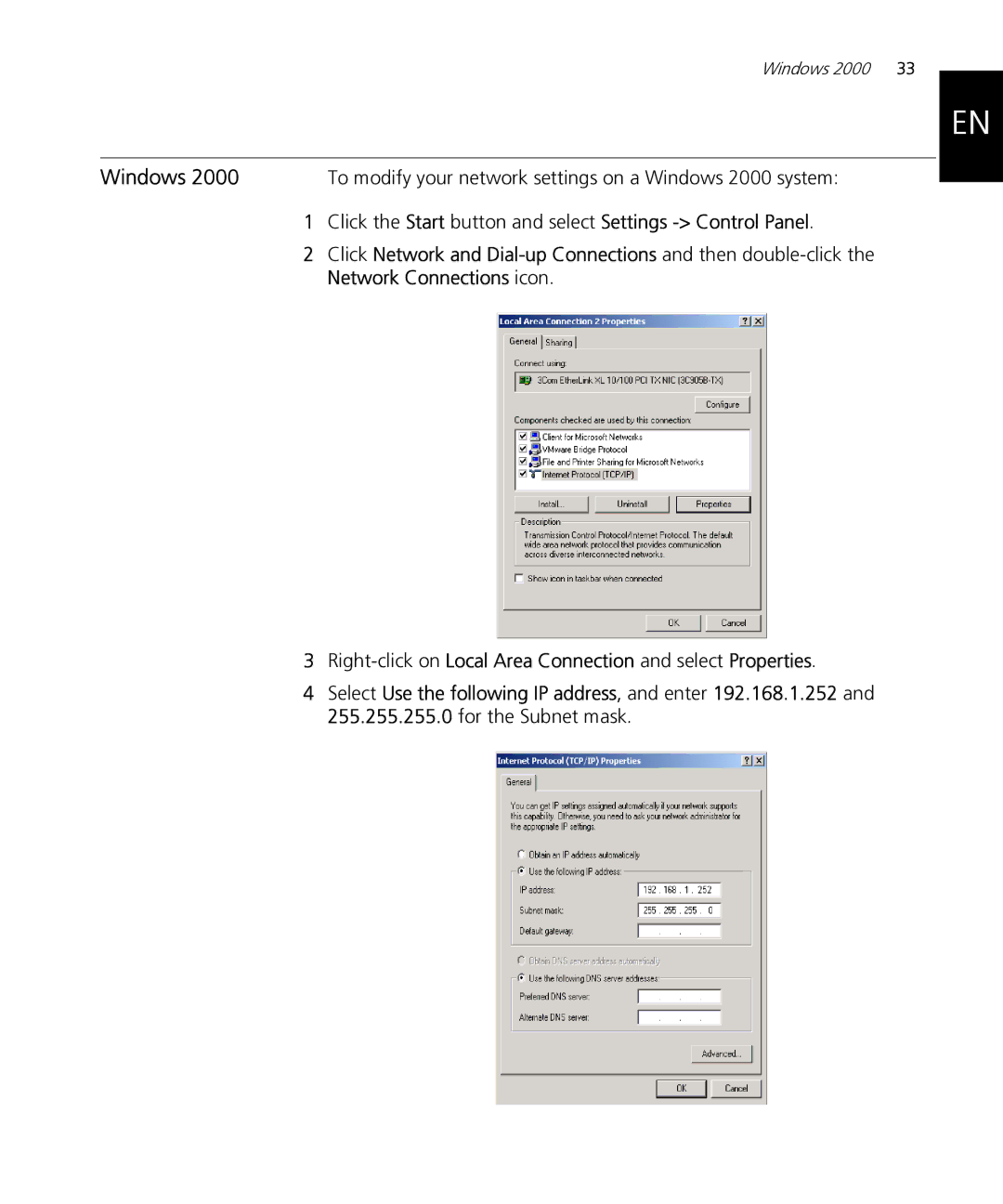 HP Email Firewall Appliance manual To modify your network settings on a Windows 2000 system 