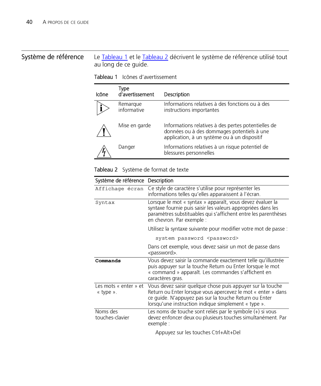 HP Email Firewall Appliance manual Icônes d’avertissement, Tableau 2 Système de format de texte 