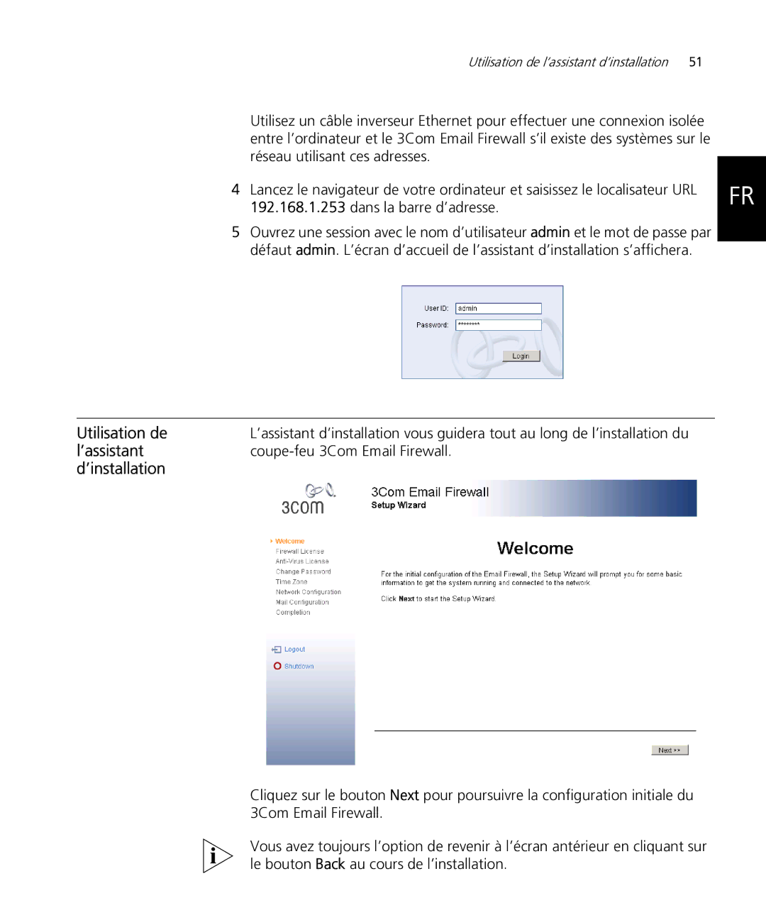 HP Email Firewall Appliance manual Utilisation de, ’assistant, ’installation, Dans la barre d’adresse 