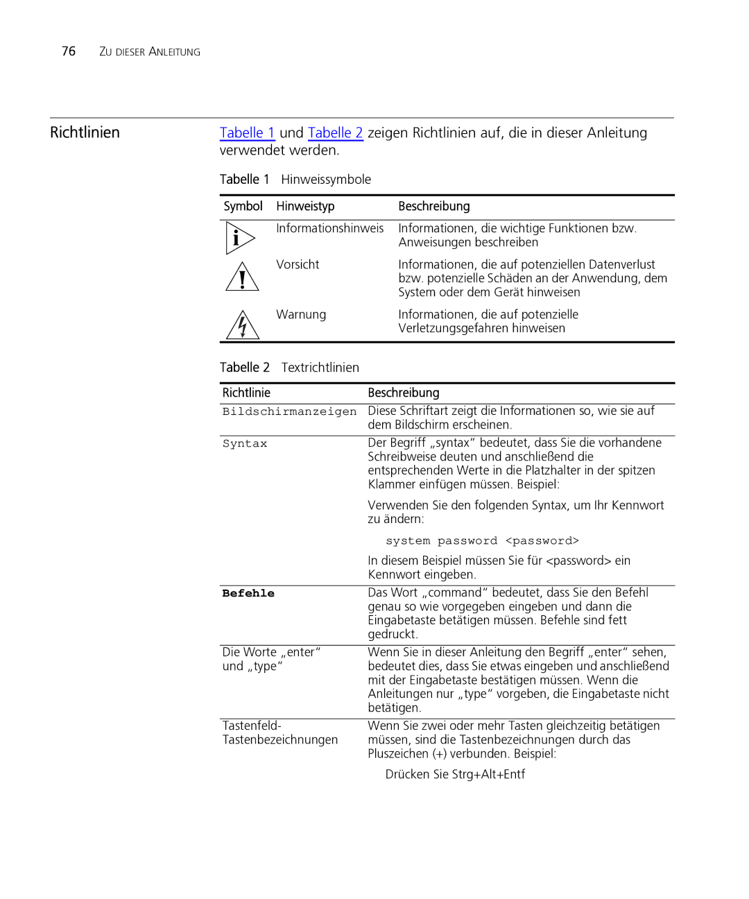 HP Email Firewall Appliance manual Richtlinien, Verwendet werden, Tabelle 1 Hinweissymbole, Tabelle 2 Textrichtlinien 