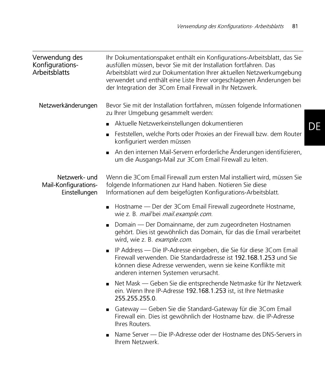 HP Email Firewall Appliance manual Verwendung des, Konfigurations, Arbeitsblatts, Netzwerkänderungen 