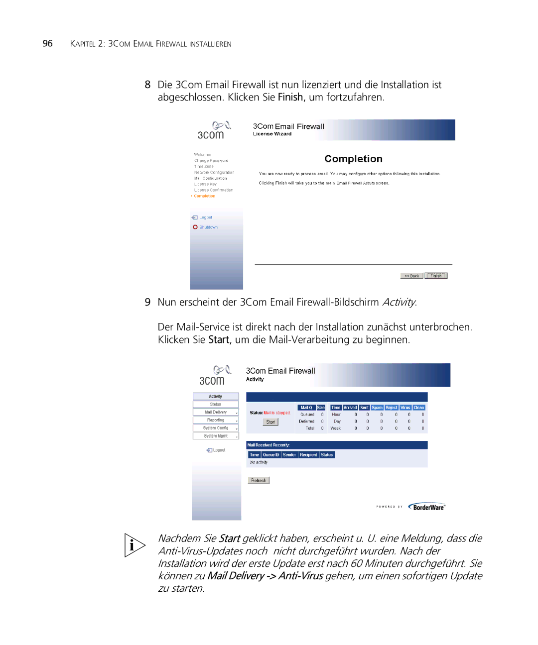 HP Email Firewall Appliance manual Kapitel 2 3COM Email Firewall Installieren 