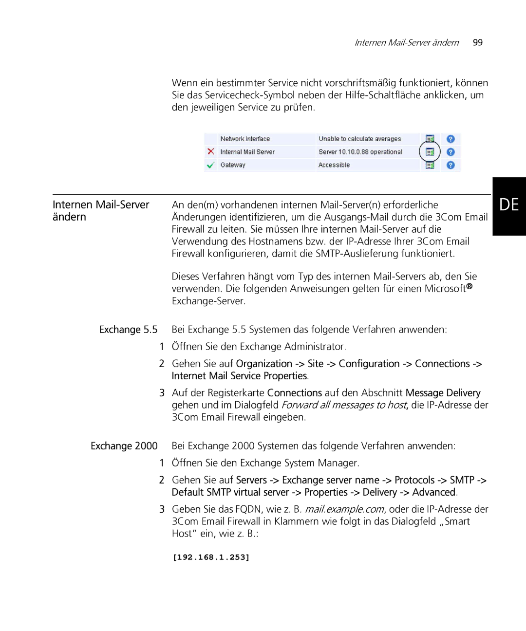 HP Email Firewall Appliance manual Internen Mail-Server, Ändern, An denm vorhandenen internen Mail-Servern erforderliche 