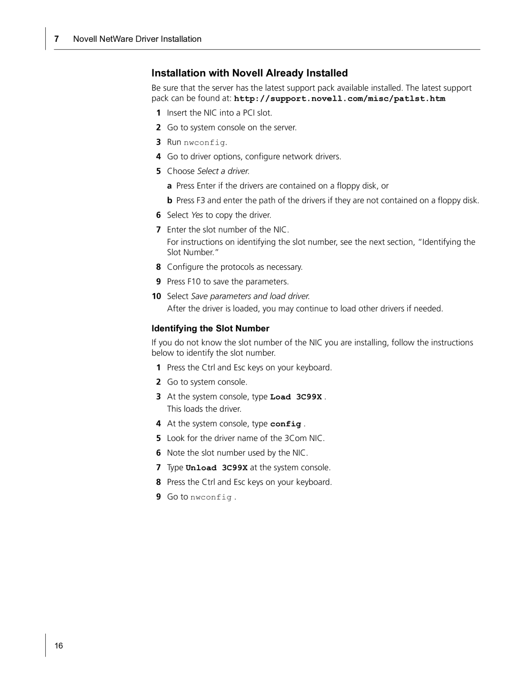 HP Embedded Firewall manual Installation with Novell Already Installed, Identifying the Slot Number, Choose Select a driver 