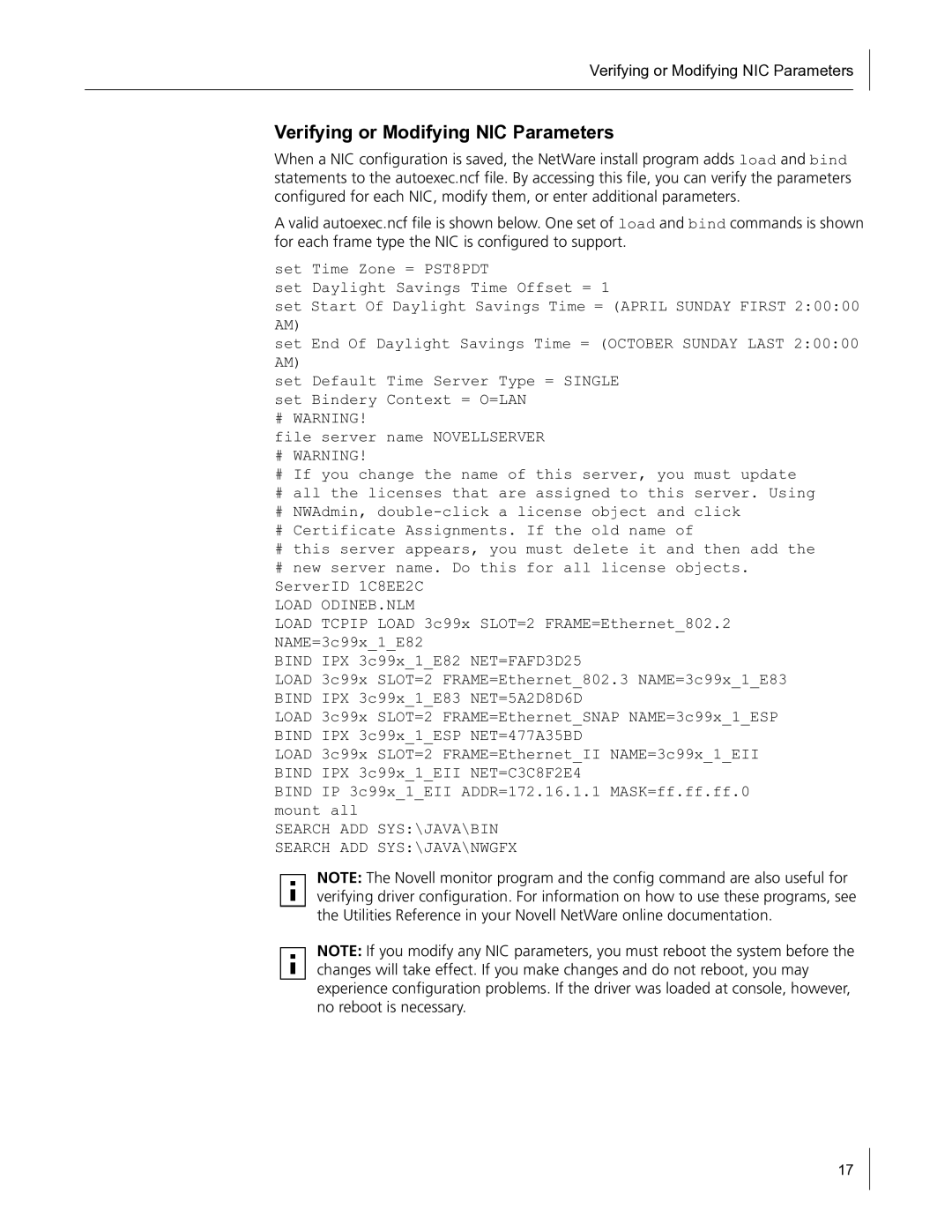 HP Embedded Firewall manual Verifying or Modifying NIC Parameters, Load ODINEB.NLM 