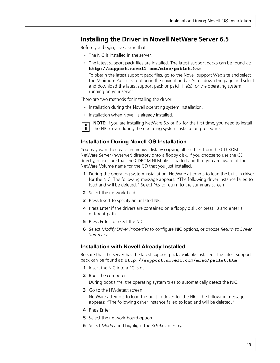 HP Embedded Firewall manual Installing the Driver in Novell NetWare Server, Installation During Novell OS Installation 